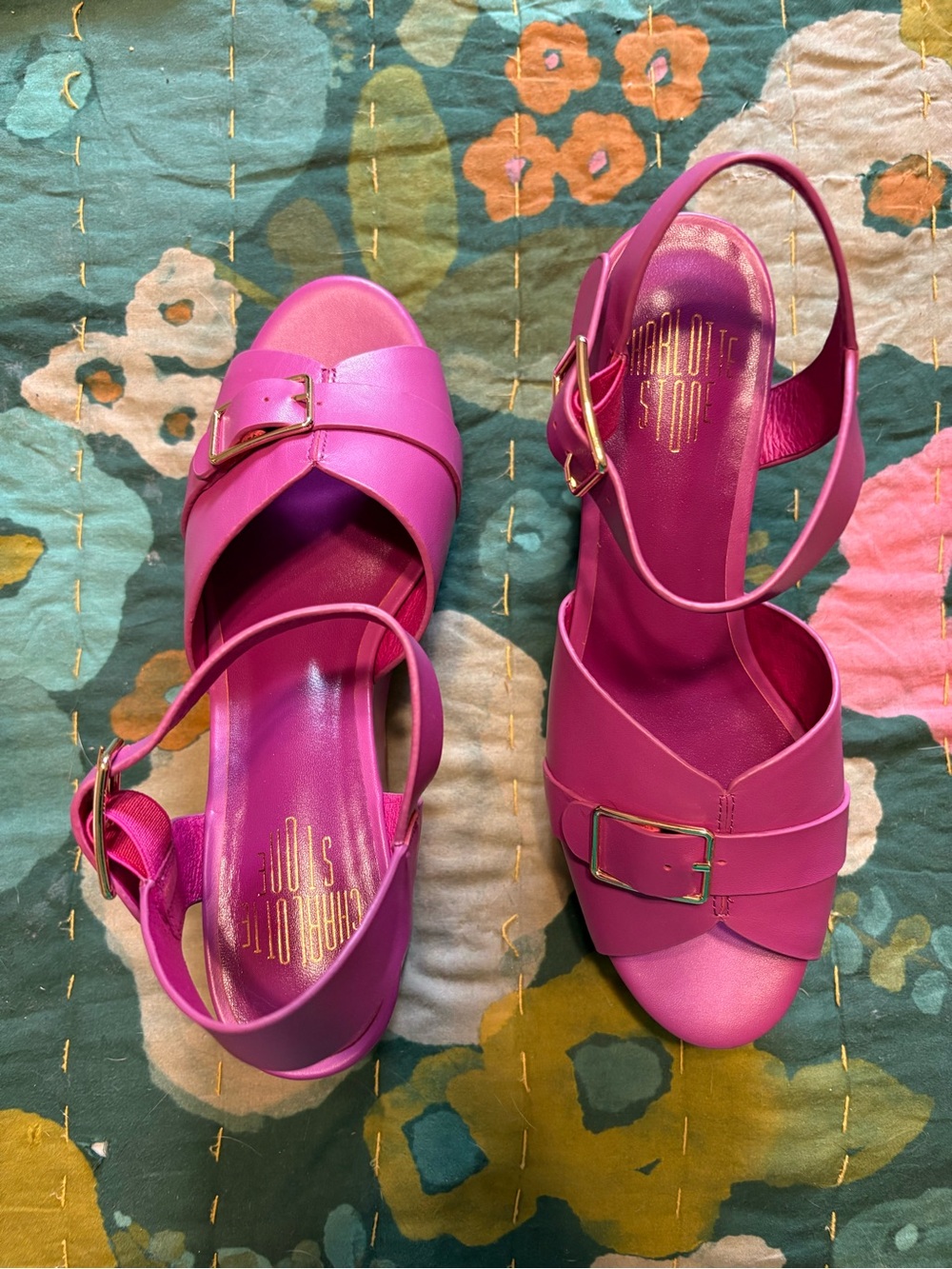Charlotte Stone Purple/Fuchsia Platform Heels with Gold Buckles